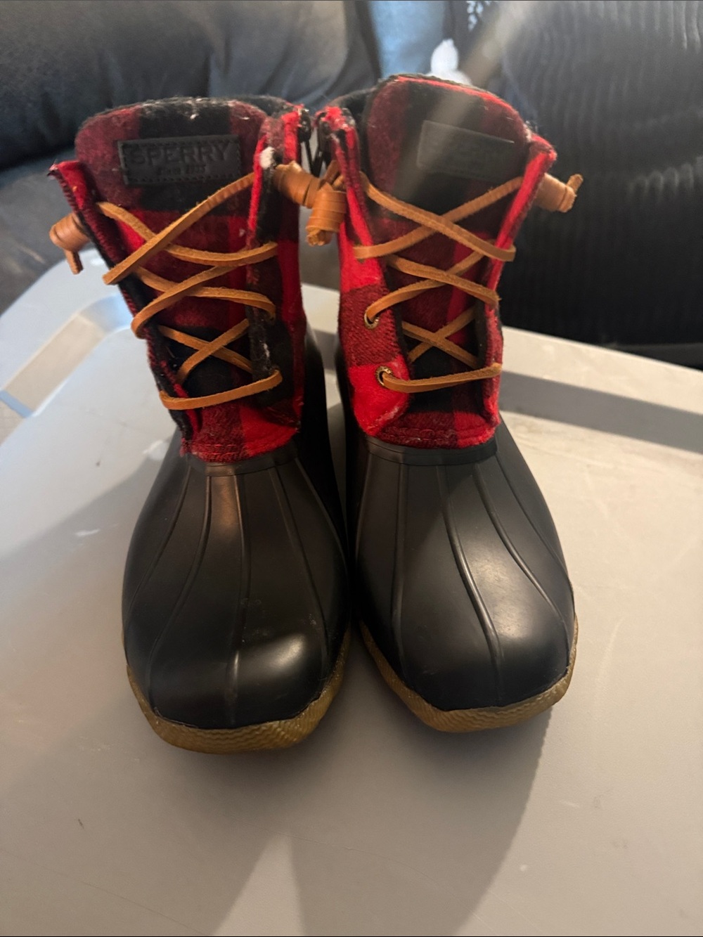 Sperry Red Plaid and Black Duck Boots with Tan Laces